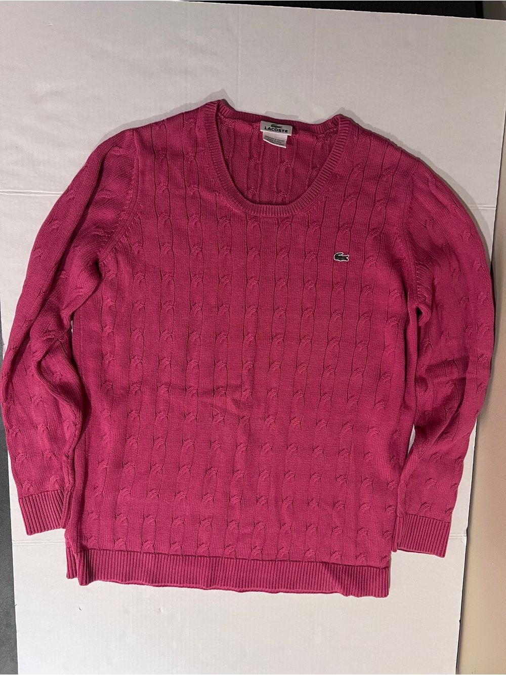 Lacoste Women’s Vintage Preppy Cable Knit Crewneck Cotton Sweater Pink Sz 46/XL